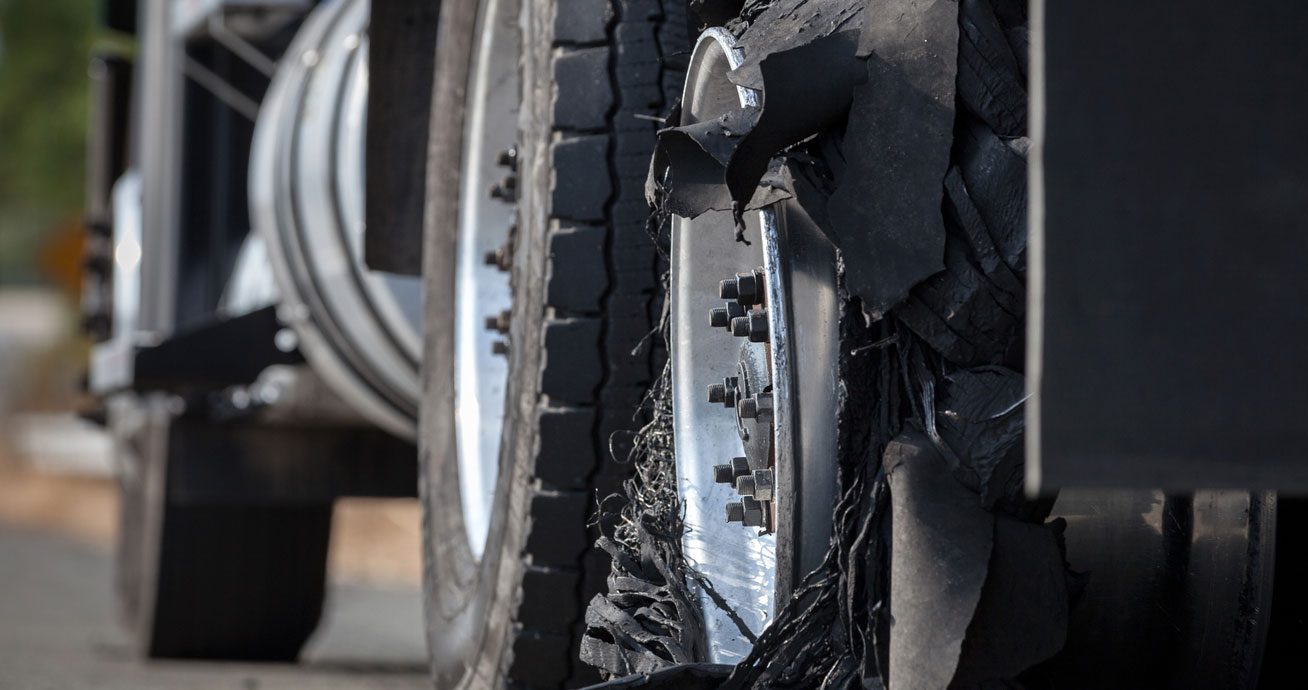 Close-up-of-truck-tire-with-torn-rubber-and-exposed-inner-structure